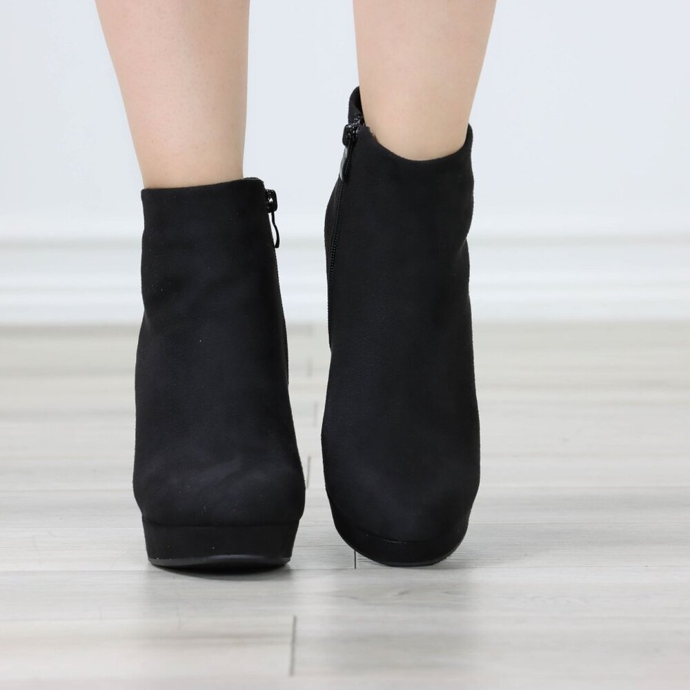 Black Faux Suede Platform Booties Block Heel Side Zip - Picture 8 of 11